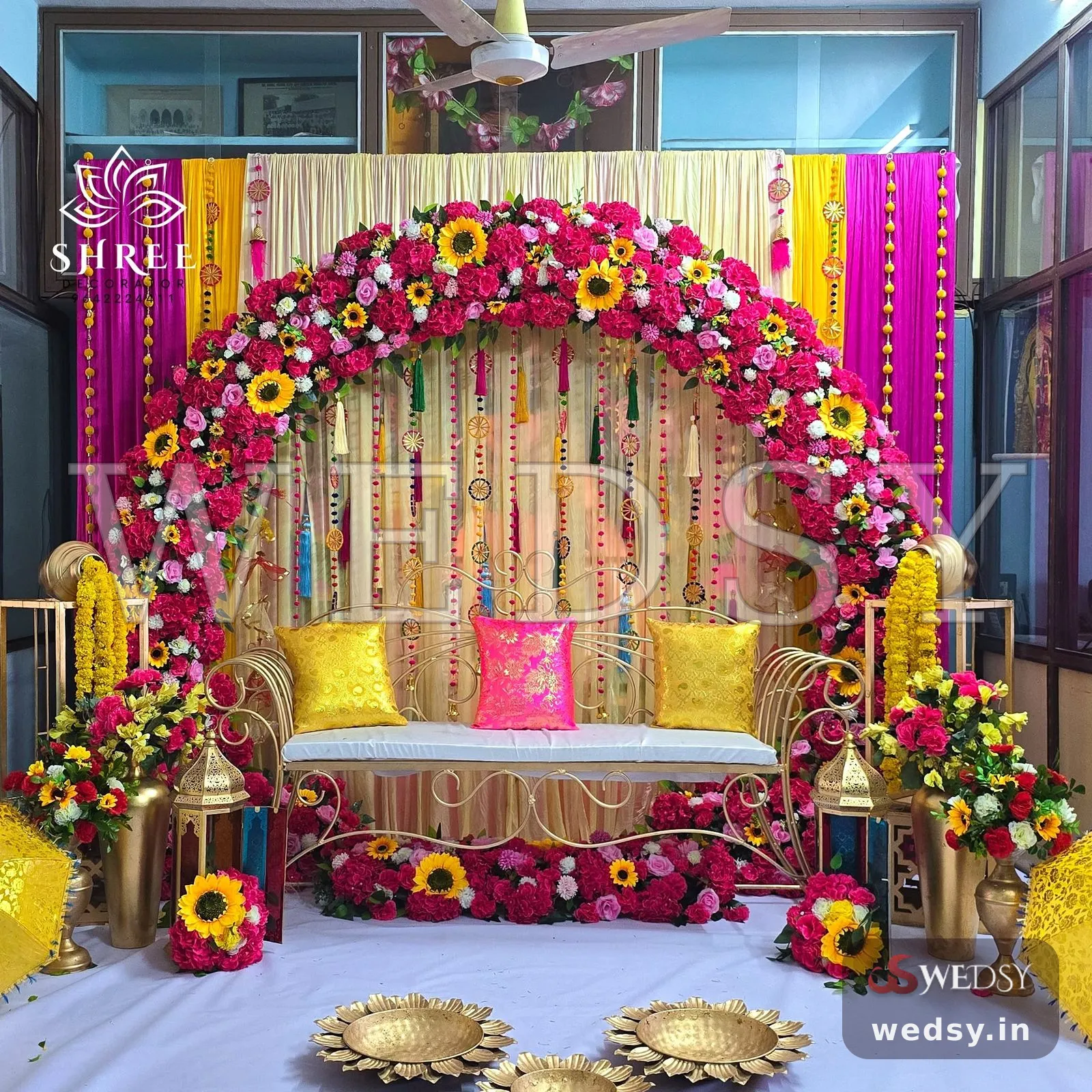 Sunflower Rhapsody — pink traditional stage for haldi & mehendi, Wedsy ST248