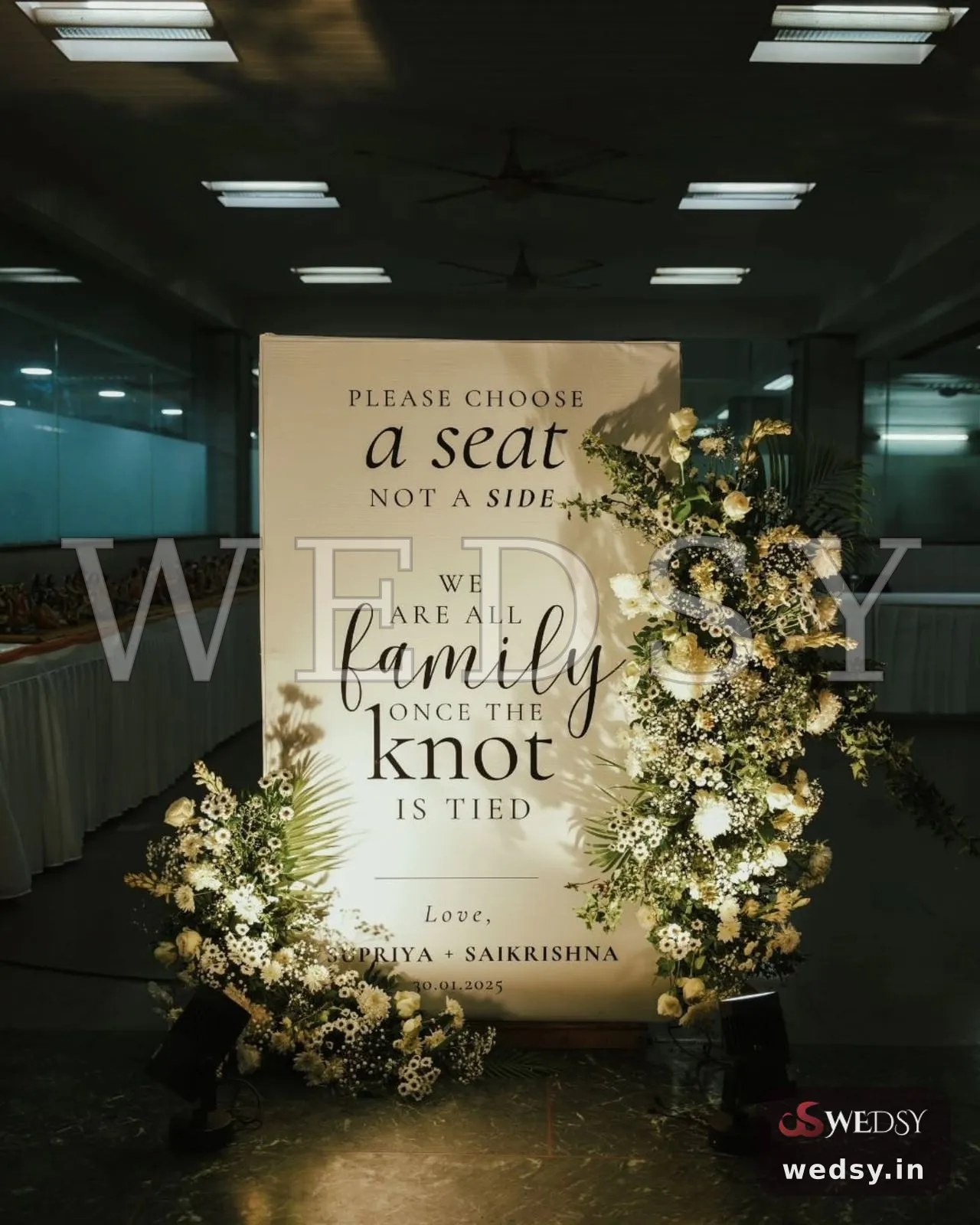 Whispered Vow — white modern nameboard for reception, Wedsy NA125