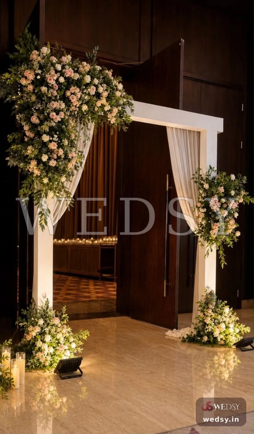 Ivory Threshold Bloom — white traditional entrance for reception, Wedsy E072