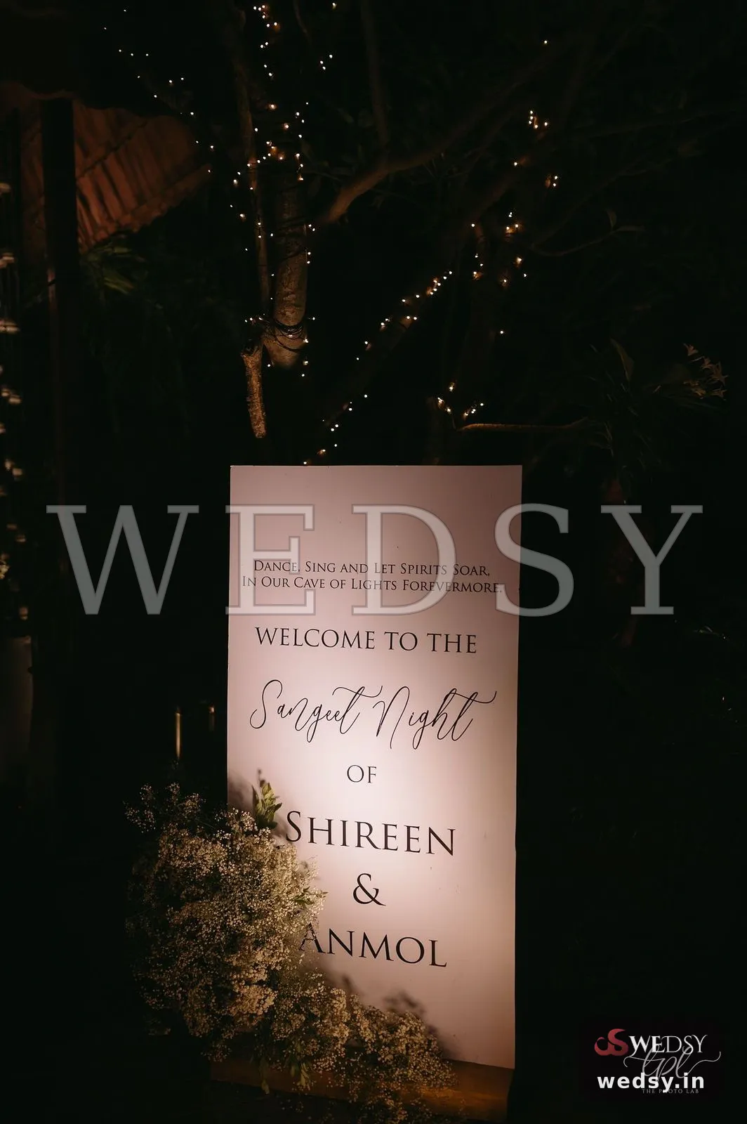 Fairylit Missive — white modern nameboard for sangeet, Wedsy NA140