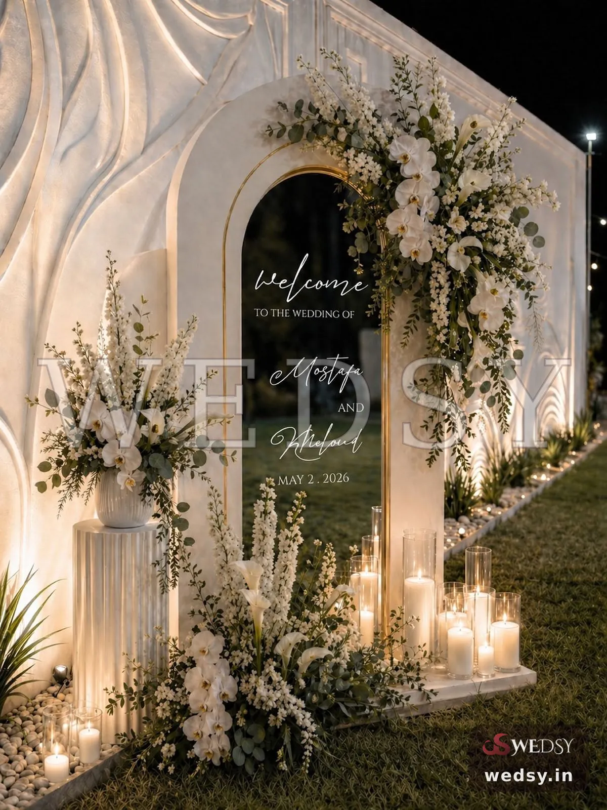 Ivory Arch Missive — white modern nameboard for reception, Wedsy NA171