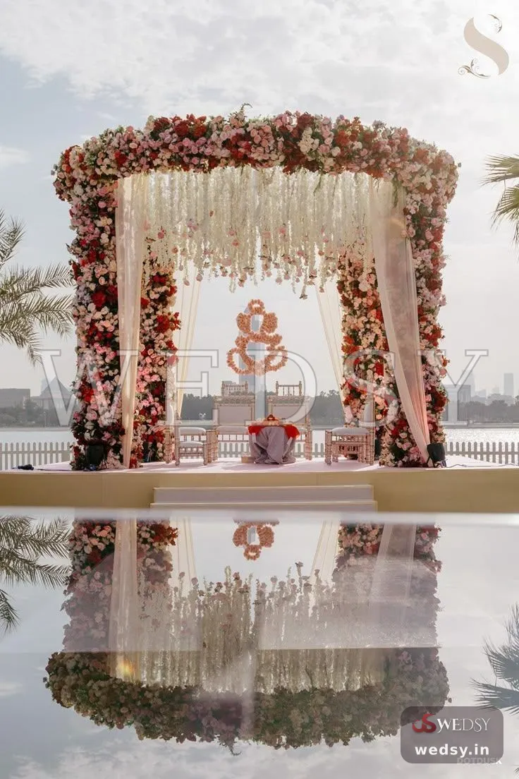 Waterside Bloom Mandap — peach traditional mandap for varmala & muhurtham, Wedsy MA204