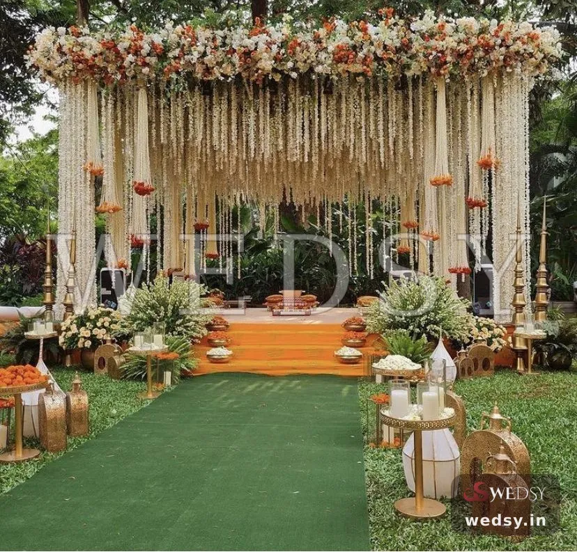 Marigold Cascade Pavilion — white traditional mandap for haldi, Wedsy MA215