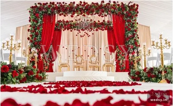 Drape Delight Mandap — red modern mandap for wedding, Wedsy MA097