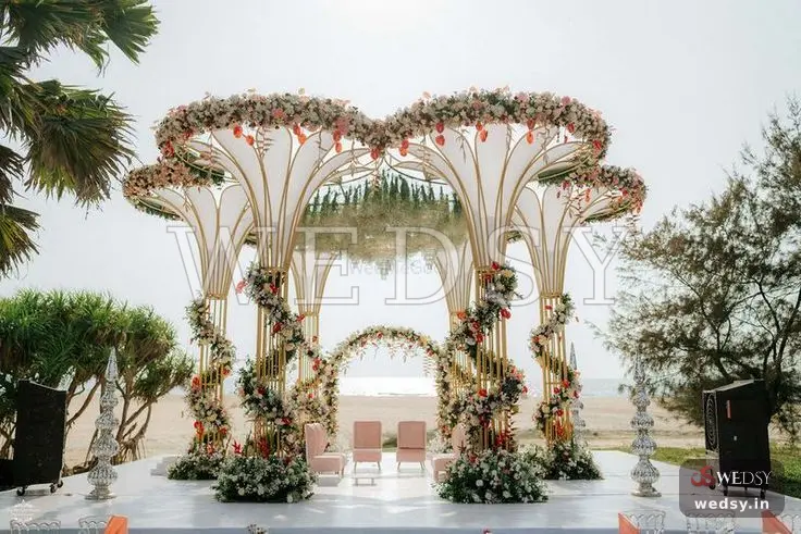 Blossoming Bloom Pavilion — golden modern mandap for wedding, Wedsy MA110