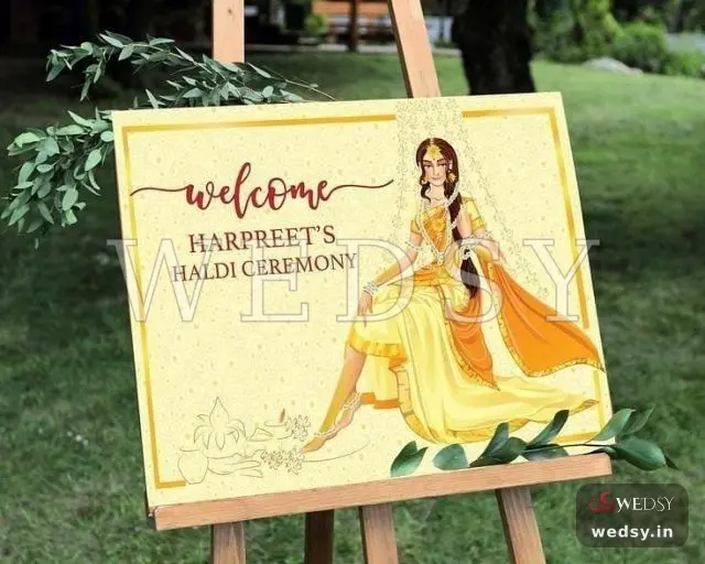 Espoused Easel — yellow and orange traditional nameboard for haldi & sangeet, Wedsy NA046