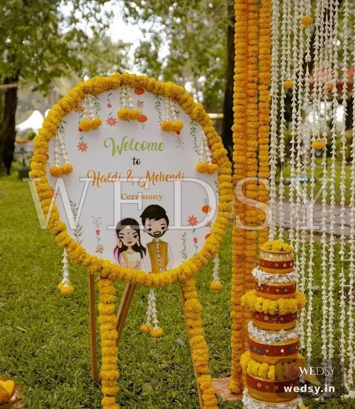 Marriage Mezzanine — yellow and orange traditional nameboard for haldi & sangeet, Wedsy NA065