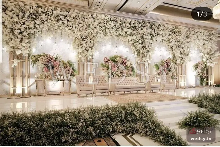 Secrets of Elegance — white modern stage for nikah & reception, Wedsy ST119