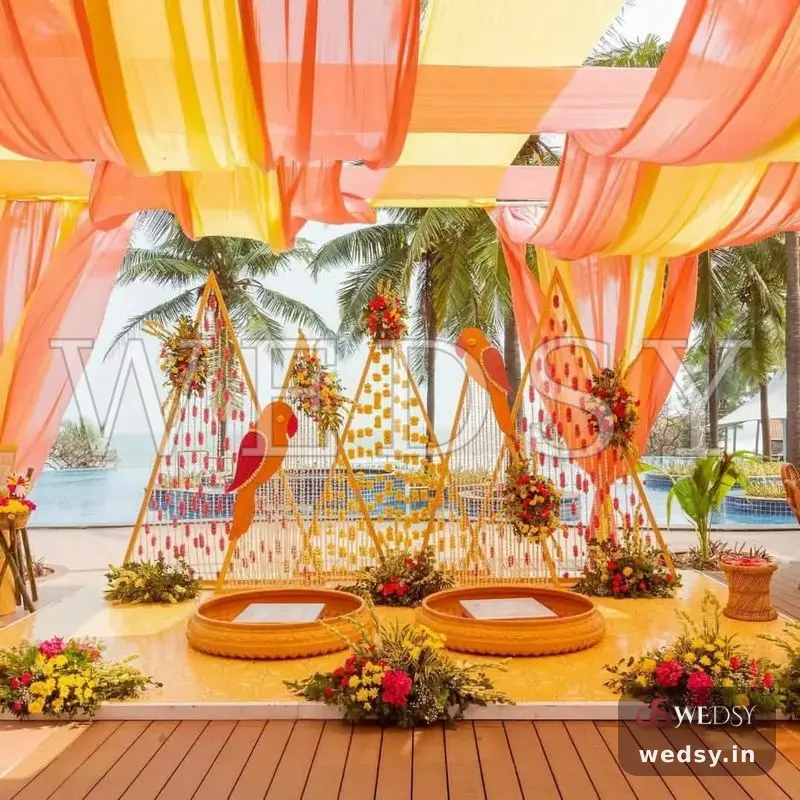 Tropical Tapestry — yellow modern stage for haldi & mehendi, Wedsy ST178