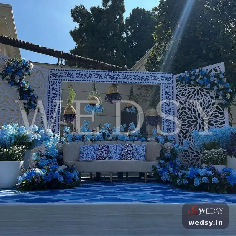 Indigo Oasis — blue modern stage for haldi & mehendi, Wedsy ST192