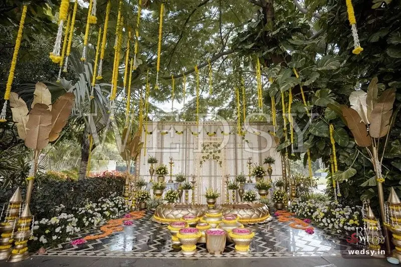 Marigold Grove — white traditional stage for haldi, Wedsy ST194