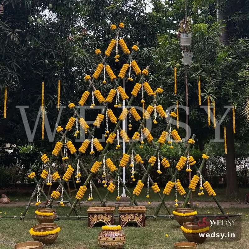 Marigold Mosaic — yellow traditional stage for haldi & mehendi, Wedsy ST211