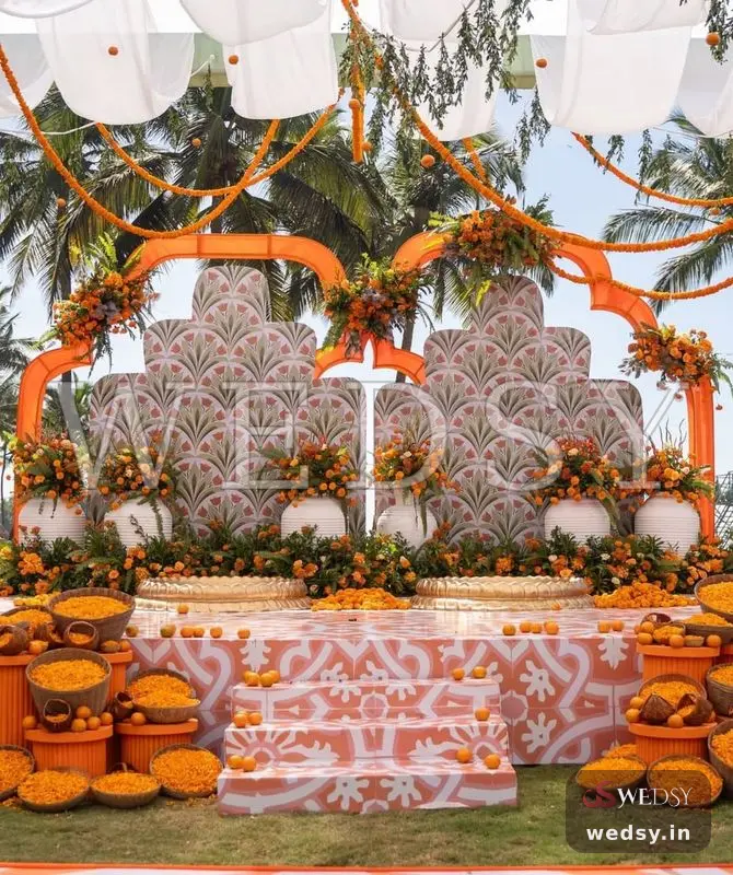 Tangerine Tales — yellow modern stage for mehendi & haldi, Wedsy ST215