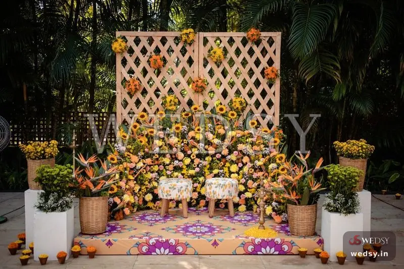 Sunlit Lattice — yellow modern stage for haldi & mehendi, Wedsy ST218