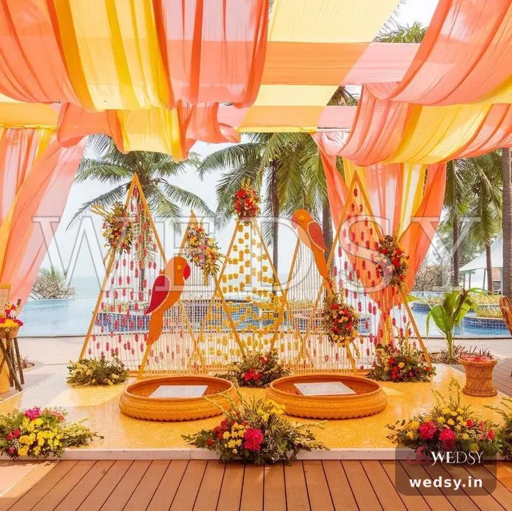 Tropical Drifts — red modern stage for haldi & mehendi, Wedsy ST223