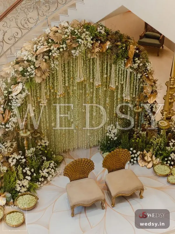 Gilded Cascade — white modern stage for haldi & mehendi, Wedsy ST229